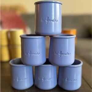 {La Fermiere} Glazed Terra Cotta 6 French Yogurt Pots Jars Periwinkle Pu…